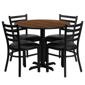 36'' Round Walnut Laminate Table Set with X-Base and 4 Ladder Back Metal Chairs - Black Vinyl Seat, HDBF1032-GG