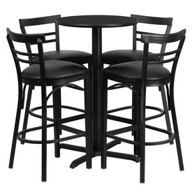 24'' Round Black Laminate Table Set with X-Base and 4 Two-Slat Ladder Back Metal Barstools - Black Vinyl Seat, HDBF1033-GG
