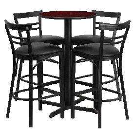 24'' Round Mahogany Laminate Table Set with X-Base and 4 Two-Slat Ladder Back Metal Barstools - Black Vinyl Seat, HDBF1034-GG