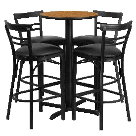24'' Round Natural Laminate Table Set with X-Base and 4 Two-Slat Ladder Back Metal Barstools - Black Vinyl Seat, HDBF1035-GG