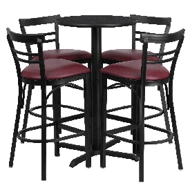 24'' Round Black Laminate Table Set with X-Base and 4 Two-Slat Ladder Back Metal Barstools - Burgundy Vinyl Seat, HDBF1037-GG