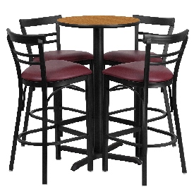 24'' Round Natural Laminate Table Set with X-Base and 4 Two-Slat Ladder Back Metal Barstools - Burgundy Vinyl Seat, HDBF1039-GG