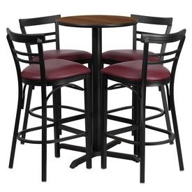24'' Round Walnut Laminate Table Set with X-Base and 4 Two-Slat Ladder Back Metal Barstools - Burgundy Vinyl Seat, HDBF1040-GG