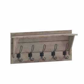 Daly Wall Mounted 24 Inch Solid Pine Wood Storage Rack with Upper Shelf and 5 Hooks For Entryway, Kitchen, Bathroom, Rustic Brown