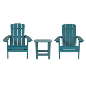 2 Pack Charlestown All-Weather Poly Resin Wood Adirondack Chairs with Side Table in Sea Foam, JJ-C14501-2-T14001-SFM-GG