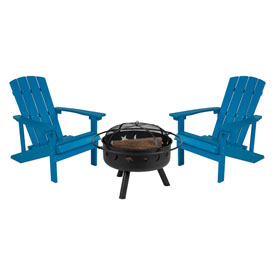3 Piece Charlestown Blue Poly Resin Wood Adirondack Chair Set with Fire Pit - Star and Moon Fire Pit with Mesh Cover, JJ-C145012-32D-BLU-GG 3 Piece Charlestown Blue Poly Resin Wood Adirondack Chair Set with Fire Pit - Star and Moon Fire Pit with Mesh Cover, JJ-C145012-32D-BLU-GG