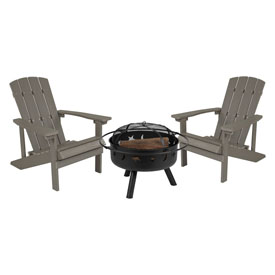 3 Piece Charlestown Gray Poly Resin Wood Adirondack Chair Set with Fire Pit - Star and Moon Fire Pit with Mesh Cover, JJ-C145012-32D-LTG-GG 3 Piece Charlestown Gray Poly Resin Wood Adirondack Chair Set with Fire Pit - Star and Moon Fire Pit with Mesh Cover, JJ-C145012-32D-LTG-GG