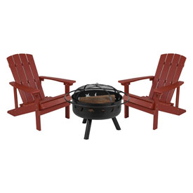 3 Piece Charlestown Red Poly Resin Wood Adirondack Chair Set with Fire Pit - Star and Moon Fire Pit with Mesh Cover, JJ-C145012-32D-RED-GG 3 Piece Charlestown Red Poly Resin Wood Adirondack Chair Set with Fire Pit - Star and Moon Fire Pit with Mesh Cover, JJ-C145012-32D-RED-GG