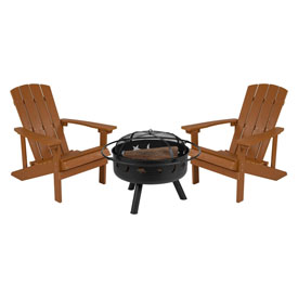 3 Piece Charlestown Teak Poly Resin Wood Adirondack Chair Set with Fire Pit - Star and Moon Fire Pit with Mesh Cover, JJ-C145012-32D-TEAK-GG 3 Piece Charlestown Teak Poly Resin Wood Adirondack Chair Set with Fire Pit - Star and Moon Fire Pit with Mesh Cover, JJ-C145012-32D-TEAK-GG
