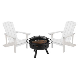 3 Piece Charlestown White Poly Resin Wood Adirondack Chair Set with Fire Pit - Star and Moon Fire Pit with Mesh Cover, JJ-C145012-32D-WH-GG 3 Piece Charlestown White Poly Resin Wood Adirondack Chair Set with Fire Pit - Star and Moon Fire Pit with Mesh Cover, JJ-C145012-32D-WH-GG