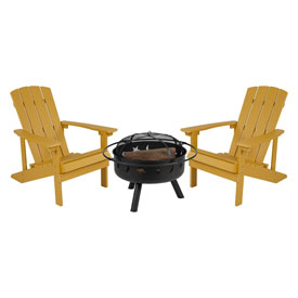 3 Piece Charlestown Yellow Poly Resin Wood Adirondack Chair Set with Fire Pit - Star and Moon Fire Pit with Mesh Cover, JJ-C145012-32D-YLW-GG 3 Piece Charlestown Yellow Poly Resin Wood Adirondack Chair Set with Fire Pit - Star and Moon Fire Pit with Mesh Cover, JJ-C145012-32D-YLW-GG
