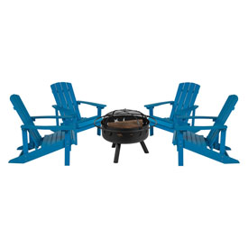 5 Piece Charlestown Blue Poly Resin Wood Adirondack Chair Set with Fire Pit - Star and Moon Fire Pit with Mesh Cover, JJ-C145014-32D-BLU-GG 5 Piece Charlestown Blue Poly Resin Wood Adirondack Chair Set with Fire Pit - Star and Moon Fire Pit with Mesh Cover, JJ-C145014-32D-BLU-GG