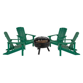 5 Piece Charlestown Green Poly Resin Wood Adirondack Chair Set with Fire Pit - Star and Moon Fire Pit with Mesh Cover, JJ-C145014-32D-GRN-GG 5 Piece Charlestown Green Poly Resin Wood Adirondack Chair Set with Fire Pit - Star and Moon Fire Pit with Mesh Cover, JJ-C145014-32D-GRN-GG