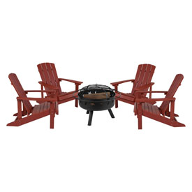 5 Piece Charlestown Red Poly Resin Wood Adirondack Chair Set with Fire Pit - Star and Moon Fire Pit with Mesh Cover, JJ-C145014-32D-RED-GG 5 Piece Charlestown Red Poly Resin Wood Adirondack Chair Set with Fire Pit - Star and Moon Fire Pit with Mesh Cover, JJ-C145014-32D-RED-GG
