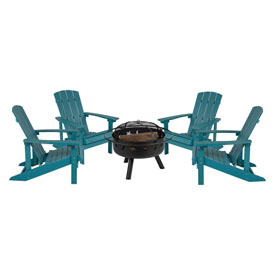 5 Piece Charlestown Sea Foam Poly Resin Wood Adirondack Chair Set with Fire Pit - Star and Moon Fire Pit with Mesh Cover, JJ-C145014-32D-SFM-GG 5 Piece Charlestown Sea Foam Poly Resin Wood Adirondack Chair Set with Fire Pit - Star and Moon Fire Pit with Mesh Cover, JJ-C145014-32D-SFM-GG