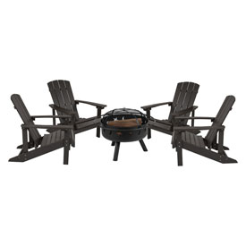 5 Piece Charlestown Slate Gray Poly Resin Wood Adirondack Chair Set with Fire Pit - Star and Moon Fire Pit with Mesh Cover, JJ-C145014-32D-SLT-GG 5 Piece Charlestown Slate Gray Poly Resin Wood Adirondack Chair Set with Fire Pit - Star and Moon Fire Pit with Mesh Cover, JJ-C145014-32D-SLT-GG