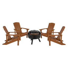 5 Piece Charlestown Teak Poly Resin Wood Adirondack Chair Set with Fire Pit - Star and Moon Fire Pit with Mesh Cover, JJ-C145014-32D-TEAK-GG 5 Piece Charlestown Teak Poly Resin Wood Adirondack Chair Set with Fire Pit - Star and Moon Fire Pit with Mesh Cover, JJ-C145014-32D-TEAK-GG