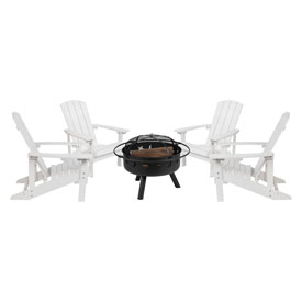 5 Piece Charlestown White Poly Resin Wood Adirondack Chair Set with Fire Pit - Star and Moon Fire Pit with Mesh Cover, JJ-C145014-32D-WH-GG 5 Piece Charlestown White Poly Resin Wood Adirondack Chair Set with Fire Pit - Star and Moon Fire Pit with Mesh Cover, JJ-C145014-32D-WH-GG