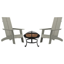 Finn Set of 2 Gray Modern All-Weather 2-Slat Poly Resin Rocking Adirondack Chairs with 22" Round Wood Burning Fire Pit, JJ-C145092-202-GY-GG Finn Set of 2 Gray Modern All-Weather 2-Slat Poly Resin Rocking Adirondack Chairs with 22" Round Wood Burning Fire Pit, JJ-C145092-202-GY-GG