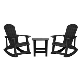 Set of 2 Savannah All-Weather Poly Resin Wood Adirondack Rocking Chairs with Side Table in Black, JJ-C14705-2-T14001-BK-GG