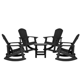 Set of 4 Savannah All-Weather Poly Resin Wood Adirondack Rocking Chairs with Side Table in Black, JJ-C14705-4-T14001-BK-GG