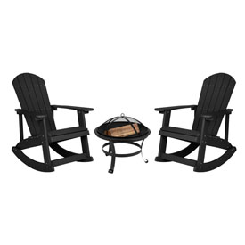 Savannah Set of 2 Black All-Weather Poly Resin Wood Adirondack Rocking Chairs with 22" Round Wood Burning Fire Pit, JJ-C147052-202-BK-GG Savannah Set of 2 Black All-Weather Poly Resin Wood Adirondack Rocking Chairs with 22" Round Wood Burning Fire Pit, JJ-C147052-202-BK-GG