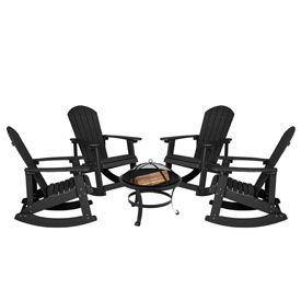 Savannah Set of 4 Black All-Weather Poly Resin Wood Adirondack Rocking Chairs with 22" Round Wood Burning Fire Pit, JJ-C147054-202-BK-GG Savannah Set of 4 Black All-Weather Poly Resin Wood Adirondack Rocking Chairs with 22" Round Wood Burning Fire Pit, JJ-C147054-202-BK-GG