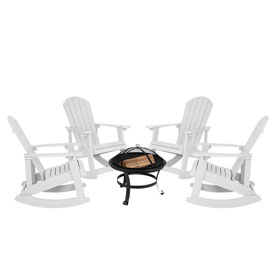 Savannah Set of 4 White All-Weather Poly Resin Wood Adirondack Rocking Chairs with 22" Round Wood Burning Fire Pit, JJ-C147054-202-WH-GG Savannah Set of 4 White All-Weather Poly Resin Wood Adirondack Rocking Chairs with 22" Round Wood Burning Fire Pit, JJ-C147054-202-WH-GG