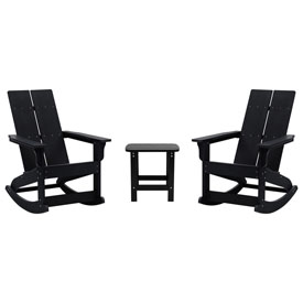 Set of 2 Black Finn Modern All-Weather 2-Slat Poly Resin Rocking Adirondack Chairs with Matching Side Table, JJ-C14709-2-T14001-BK-GG Set of 2 Black Finn Modern All-Weather 2-Slat Poly Resin Rocking Adirondack Chairs with Matching Side Table, JJ-C14709-2-T14001-BK-GG