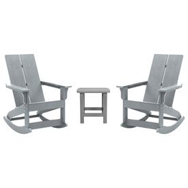 Set of 2 Gray Finn Modern All-Weather 2-Slat Poly Resin Rocking Adirondack Chairs with Matching Side Table, JJ-C14709-2-T14001-GY-GG Set of 2 Gray Finn Modern All-Weather 2-Slat Poly Resin Rocking Adirondack Chairs with Matching Side Table, JJ-C14709-2-T14001-GY-GG