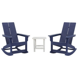 Set of 2 Navy Finn Modern All-Weather 2-Slat Poly Resin Rocking Adirondack Chairs with Complementary White Side Table, JJ-C14709-2-T14001-NW-GG Set of 2 Navy Finn Modern All-Weather 2-Slat Poly Resin Rocking Adirondack Chairs with Complementary White Side Table, JJ-C14709-2-T14001-NW-GG