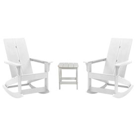 Set of 2 White Finn Modern All-Weather 2-Slat Poly Resin Rocking Adirondack Chairs with Matching Side Table, JJ-C14709-2-T14001-WH-GG Set of 2 White Finn Modern All-Weather 2-Slat Poly Resin Rocking Adirondack Chairs with Matching Side Table, JJ-C14709-2-T14001-WH-GG