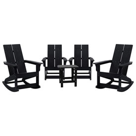 Set of 4 Black Finn Modern All-Weather 2-Slat Poly Resin Rocking Adirondack Chairs with Matching Side Table, JJ-C14709-4-T14001-BK-GG Set of 4 Black Finn Modern All-Weather 2-Slat Poly Resin Rocking Adirondack Chairs with Matching Side Table, JJ-C14709-4-T14001-BK-GG