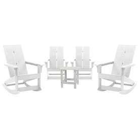 Set of 4 White Finn Modern All-Weather 2-Slat Poly Resin Rocking Adirondack Chairs with Matching Side Table, JJ-C14709-4-T14001-WH-GG Set of 4 White Finn Modern All-Weather 2-Slat Poly Resin Rocking Adirondack Chairs with Matching Side Table, JJ-C14709-4-T14001-WH-GG