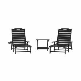 Monterey Commercial Grade 3-Piece Indoor/Outdoor Adirondack Set with 2 Adjustable HDPE Loungers with Cup Holders and Folding Side Table in Black, LE-HMP-2017-2-T1620H-BK-GG Monterey Commercial Grade 3-Piece Indoor/Outdoor Adirondack Set with 2 Adjustable HDPE Loungers with Cup Holders and Folding Side Table in Black, LE-HMP-2017-2-T1620H-BK-GG