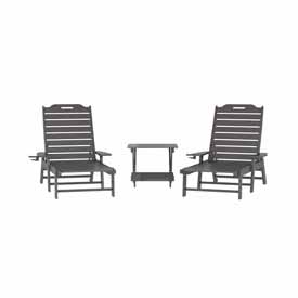 Monterey Commercial Grade 3-Piece Indoor/Outdoor Adirondack Set with 2 Adjustable HDPE Loungers with Cup Holders and Folding Side Table in Gray, LE-HMP-2017-2-T1620H-GY-GG Monterey Commercial Grade 3-Piece Indoor/Outdoor Adirondack Set with 2 Adjustable HDPE Loungers with Cup Holders and Folding Side Table in Gray, LE-HMP-2017-2-T1620H-GY-GG