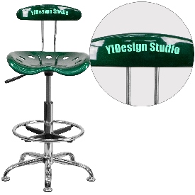 Personalized Vibrant Green and Chrome Drafting Stool with Tractor Seat, LF-215-GREEN-TXTEMB-VYL-GG