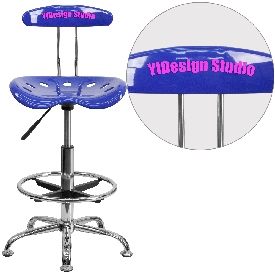 Personalized Vibrant Nautical Blue and Chrome Drafting Stool with Tractor Seat, LF-215-NAUTICALBLUE-TXTEMB-VYL-GG