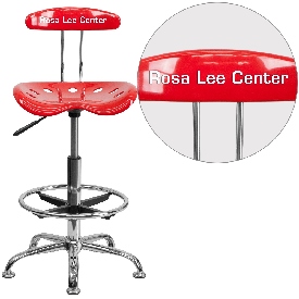Personalized Vibrant Red and Chrome Drafting Stool with Tractor Seat, LF-215-RED-TXTEMB-VYL-GG
