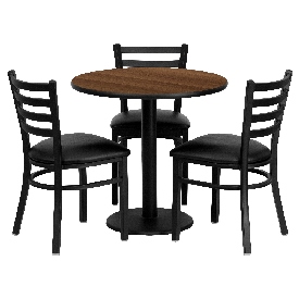 30'' Round Walnut Laminate Table Set with 3 Ladder Back Metal Chairs - Black Vinyl Seat, MD-0002-GG