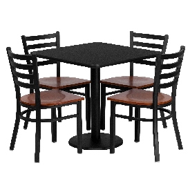 30'' Square Black Laminate Table Set with 4 Ladder Back Metal Chairs - Cherry Wood Seat, MD-0003-GG