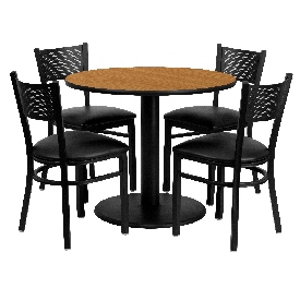 36'' Round Natural Laminate Table Set with 4 Grid Back Metal Chairs - Black Vinyl Seat, MD-0006-GG