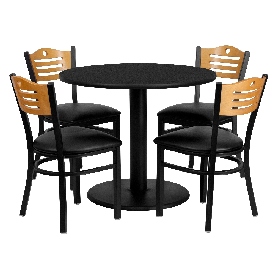 36'' Round Black Laminate Table Set with 4 Wood Slat Back Metal Chairs - Black Vinyl Seat, MD-0009-GG