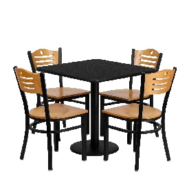 30'' Square Black Laminate Table Set with 4 Wood Slat Back Metal Chairs - Natural Wood Seat, MD-0010-GG