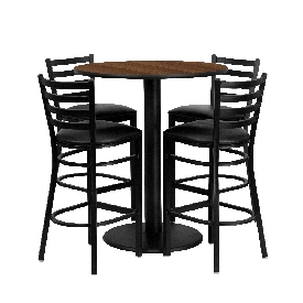 36'' Round Walnut Laminate Table Set with 4 Ladder Back Metal Barstools - Black Vinyl Seat, MD-0011-GG