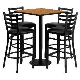 30'' Square Natural Laminate Table Set with 4 Ladder Back Metal Barstools - Black Vinyl Seat, MD-0012-GG