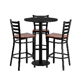 30'' Round Black Laminate Table Set with 3 Ladder Back Metal Barstools - Cherry Wood Seat, MD-0013-GG