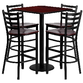 30'' Square Mahogany Laminate Table Set with 4 Ladder Back Metal Barstools - Mahogany Wood Seat, MD-0014-GG