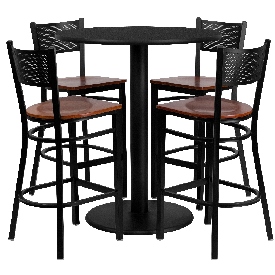 36'' Round Black Laminate Table Set with 4 Grid Back Metal Barstools - Cherry Wood Seat, MD-0018-GG