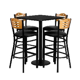 30'' Square Black Laminate Table Set with 4 Wood Slat Back Metal Barstools - Black Vinyl Seat, MD-0019-GG